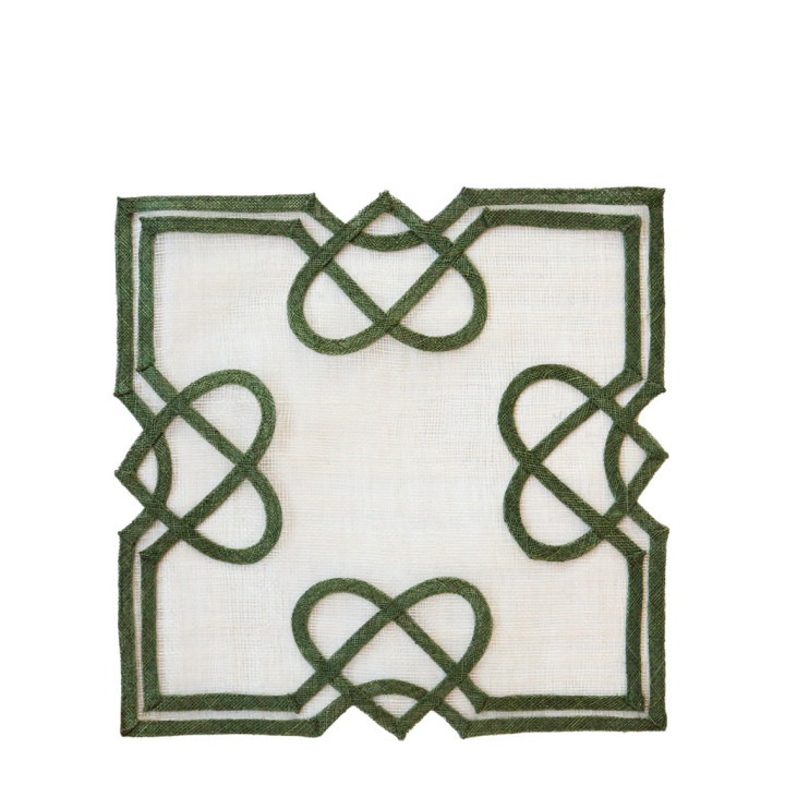 White abaca square placemat with four green hearts 36 x 36 cm