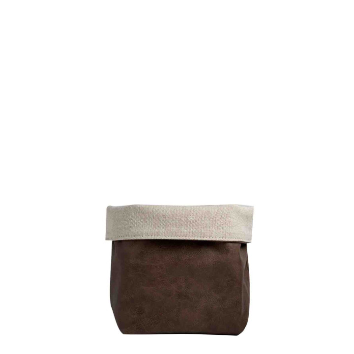 Double face bag cotton/fake brown leather 13x13 h13 cm