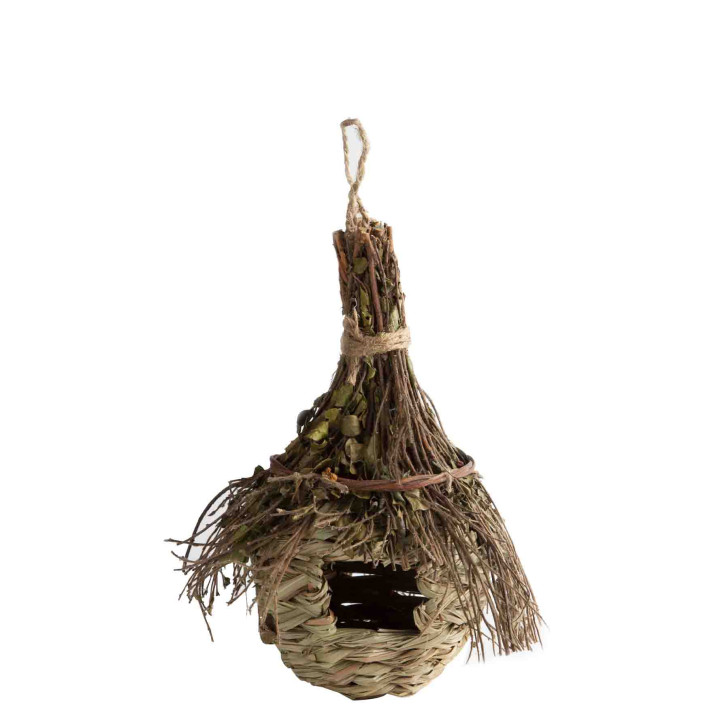 Nid suspendu pour oiseaux fait avec feuilles et batons d16 h26 cm