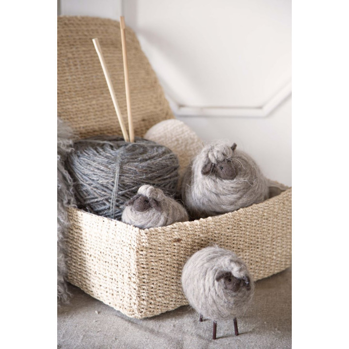 Grey woolen sheep with box and two stripes h17cm