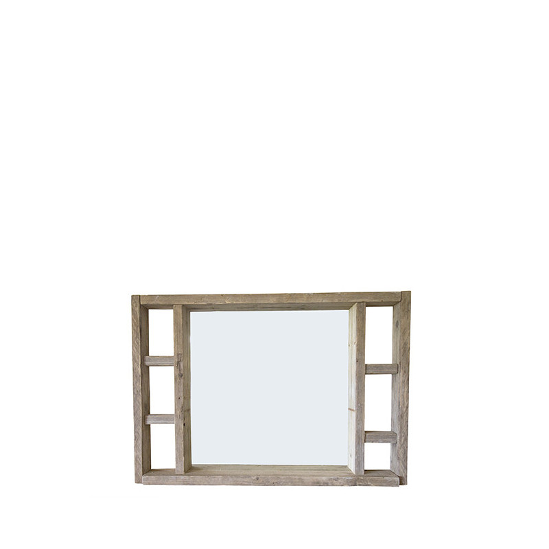 Miroir en bois brut couleur naturel avec etageres laterales 130 x 90 cm
