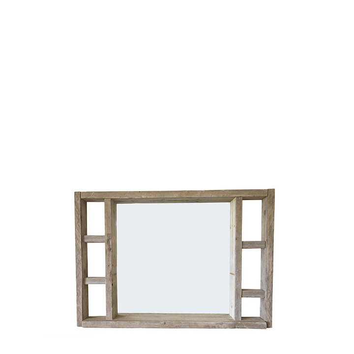 Natural raw plank mirror with lateral shelves 130 x 90 cm