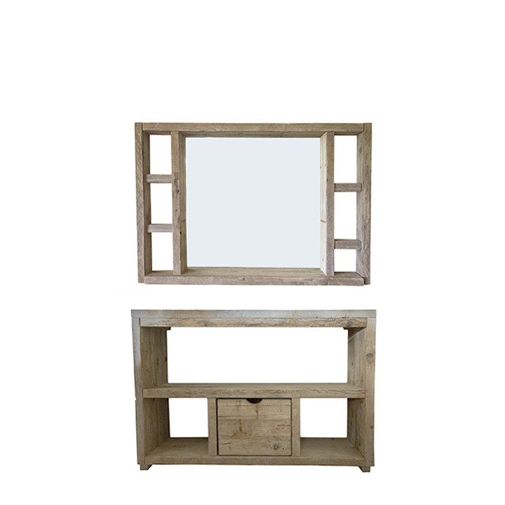 Natural raw plank mirror with lateral shelves 130 x 90 cm