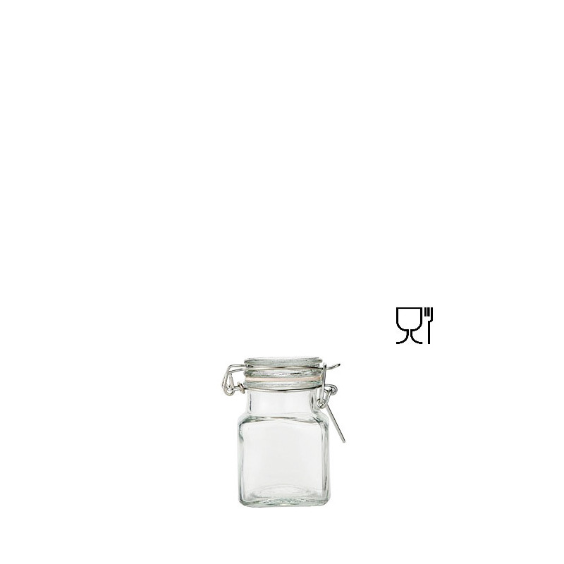 Barattolo quadrato mini in vetro con clip  v55ml 4 x 4 h8 cm
