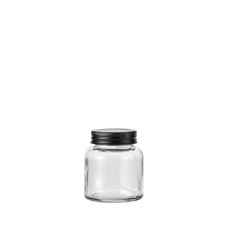 Boite en verre avec bouchon noir en fer-blanc 200 ml d7.6 h8.7 cm