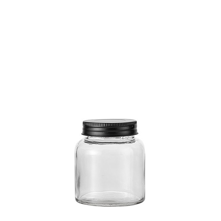 Boite en verre avec bouchon noir en fer-blanc 200 ml d7.6 h8.7 cm