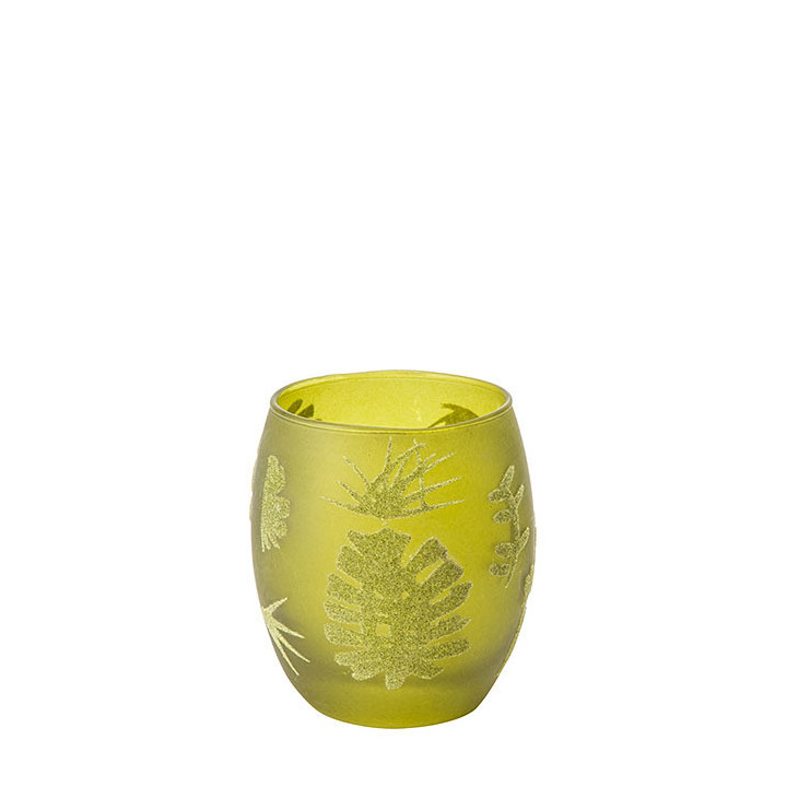 Verre porte tealight vert avec feuilles en feutre h9 cm