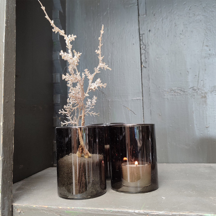 Petit verre en verre gris borosilicate porte tealight d6 h8 cm