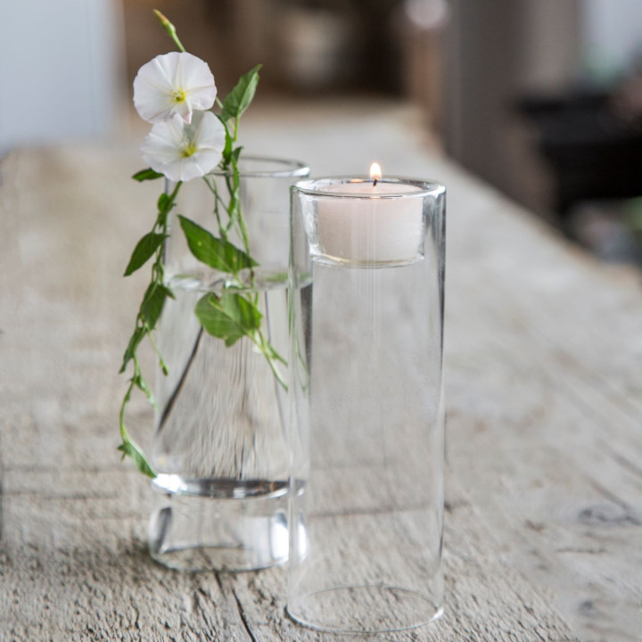 Cylindre porte tealight en verre transparent borosilicate double usage h20cm