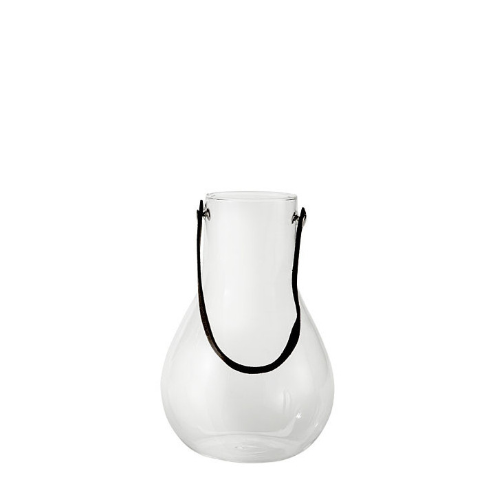 Hanging glass vase with black cord h15.5cm