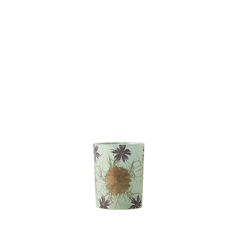 Bicchiere in vetro porta tealight azzurro e fiori 5.5 x 6.5 cm