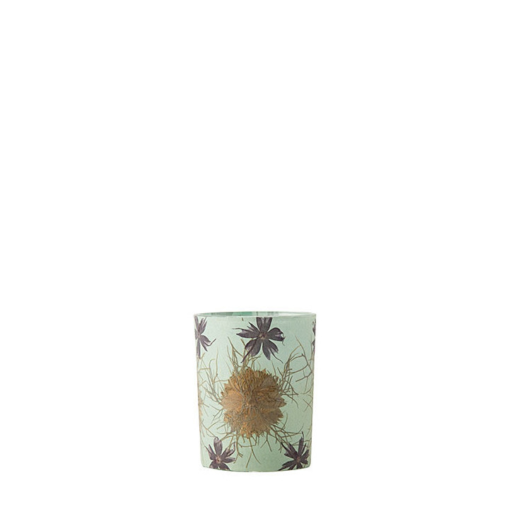 Bicchiere in vetro porta tealight azzurro e fiori 5.5 x 6.5 cm