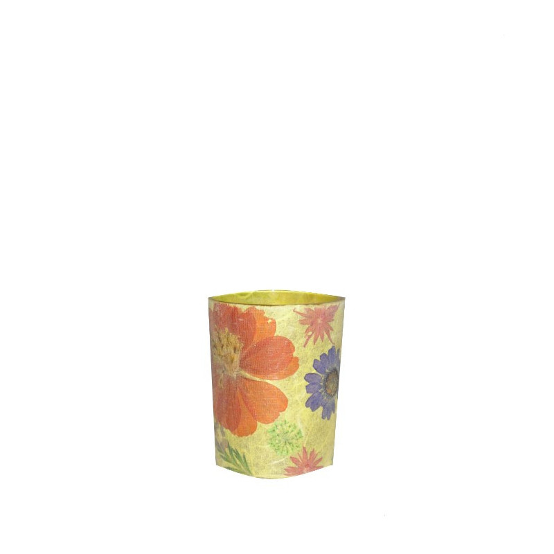 Yellow tealight holder glass color with flowers 5.5x6.5 cm