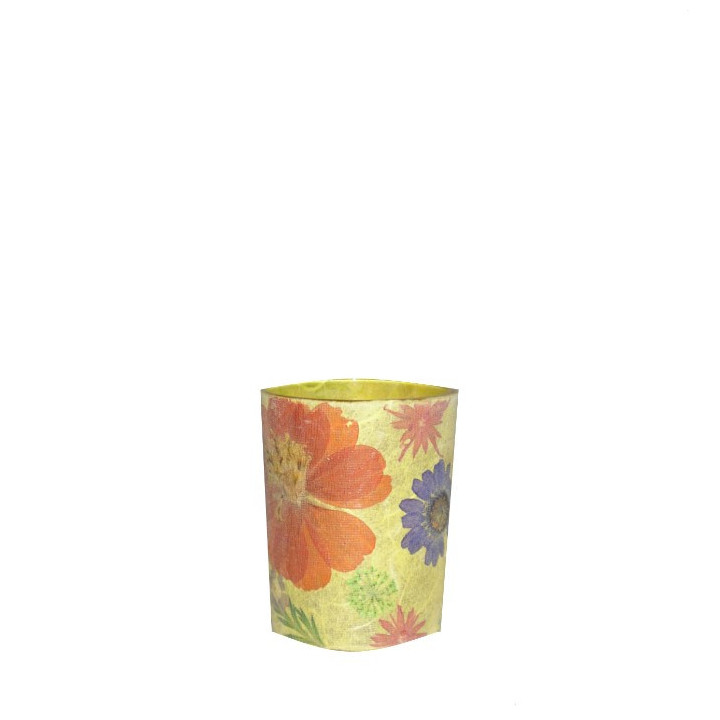 Yellow tealight holder glass color with flowers 5.5x6.5 cm