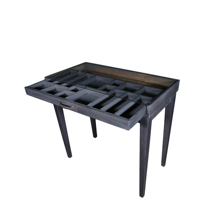 Mi-table d'exposition en verre et bois couleur naturelle  44 x 85 h78.5 cm