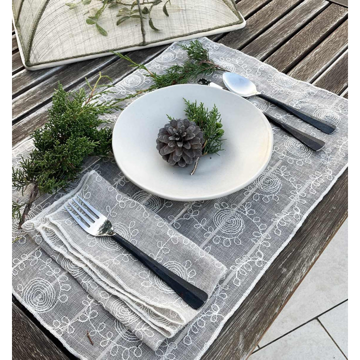 Tovaglietta 100%lino garzato naturale decoro panna 35 x 50 cm