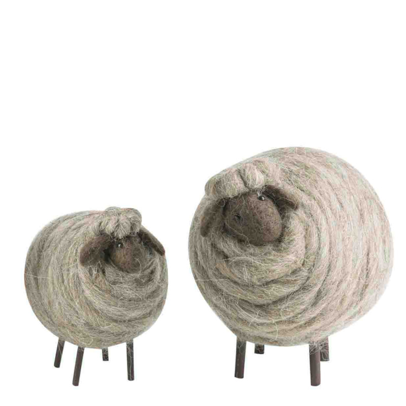 Set de 2 moutons en laine gris h12/h17 cm
