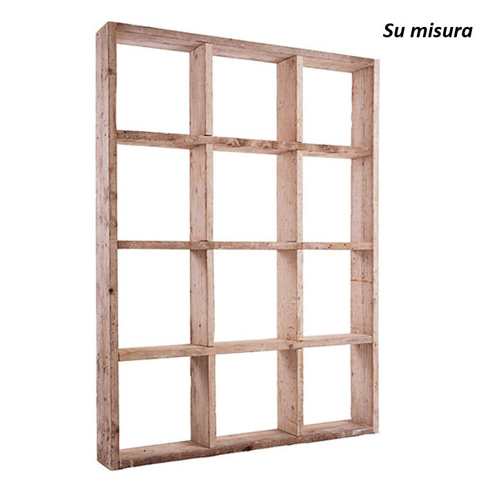 Etagere en bois brut avec 12 compartiments 180 x 24 h200 cm