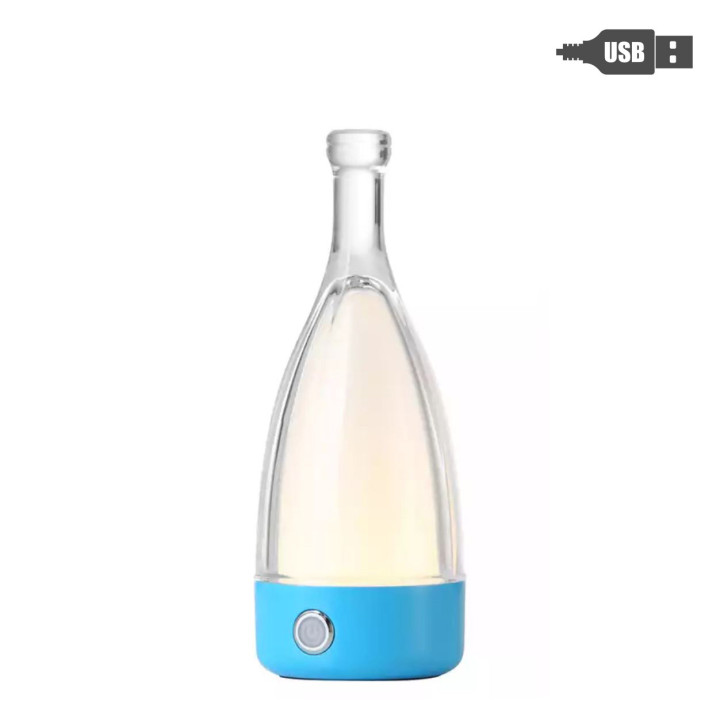 Bottle shaped usb table lamp with light blue base d9 h23 cm