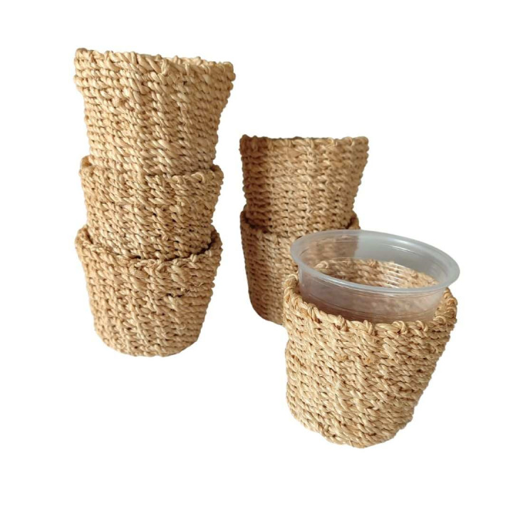 Set of 6 abaca baskets for plastic glasses, cream