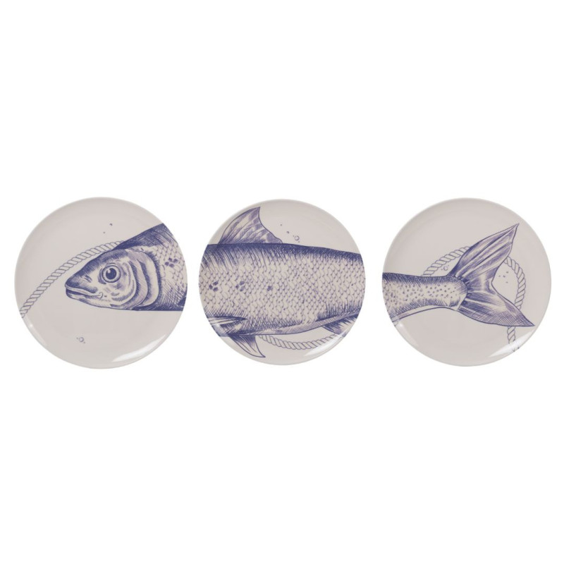 Lot de 3 assiettes à dessert en mélamine crème - collection poissons