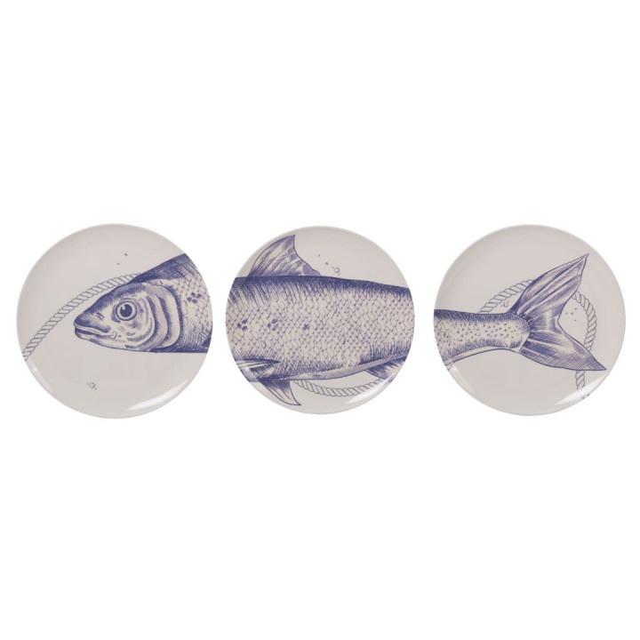 Lot de 3 assiettes à dessert en mélamine crème - collection poissons
