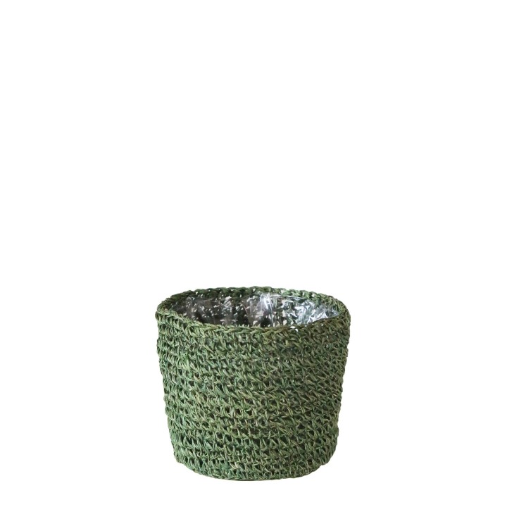 Green abaca crochet cachepot inner plastic d12 h10 cm