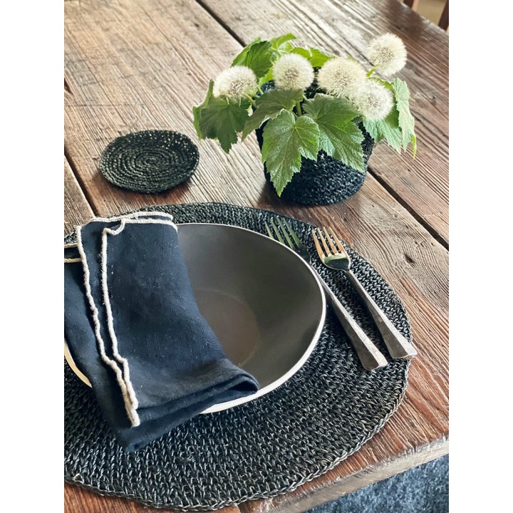 Cachepot en crochet d'abaca noir interne plastique d12 h10 cm