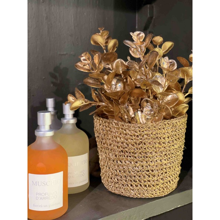 Cachepot uncinetto abaca interno plastica gold d12 h10 cm