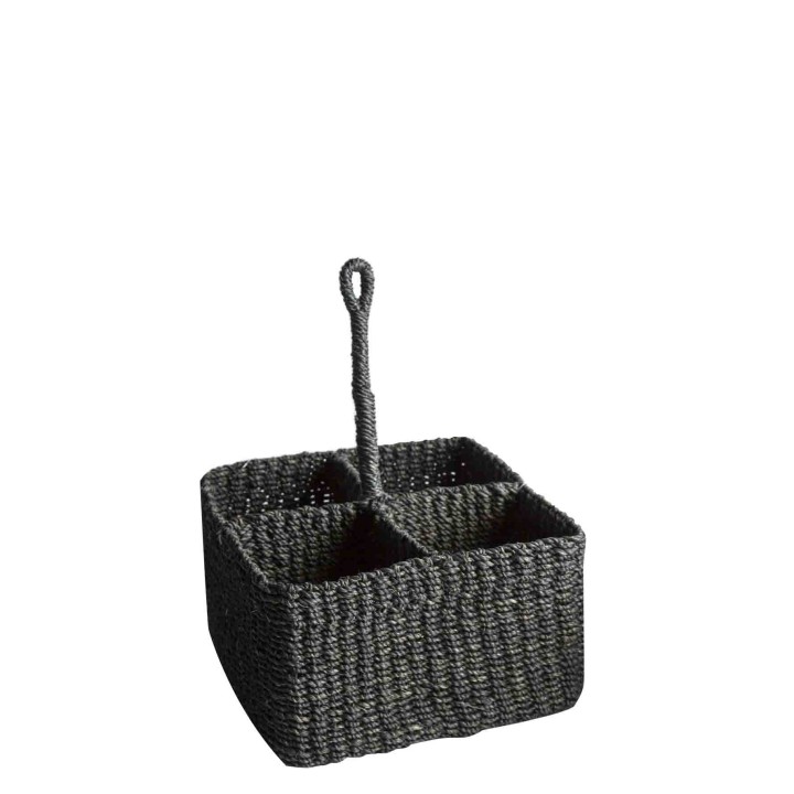 Big abaca basket 4 compartments with rigid handle black colour 21 x 21 h10.5 cm