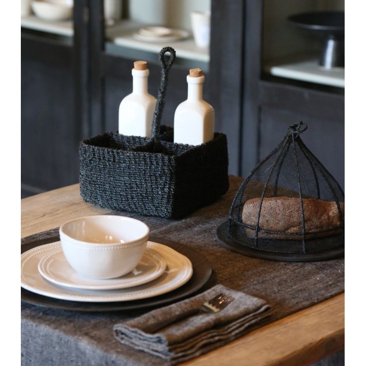 Big abaca basket 4 compartments with rigid handle black colour 21 x 21 h10.5 cm