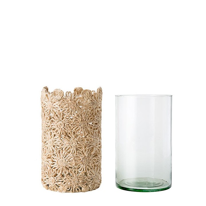 Cachepot panier en abaca fleurs + verre couleur creme d17 h27 cm