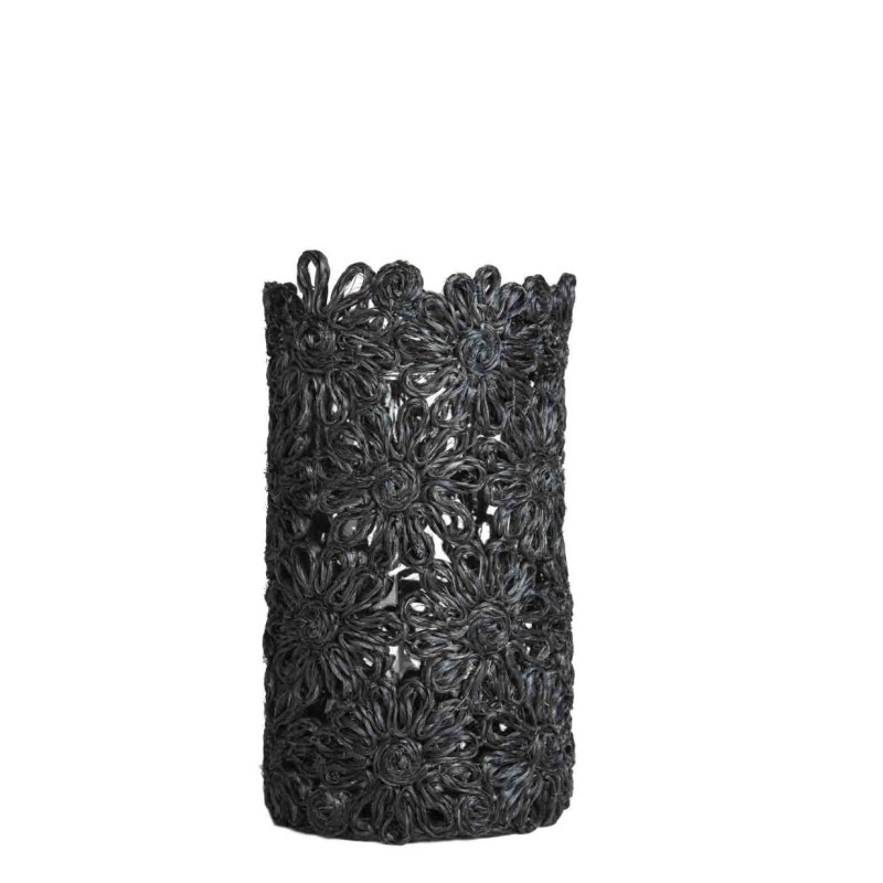 Cachepot panier en abaca avec fleurs + verre couleur lin d17 h27 cm