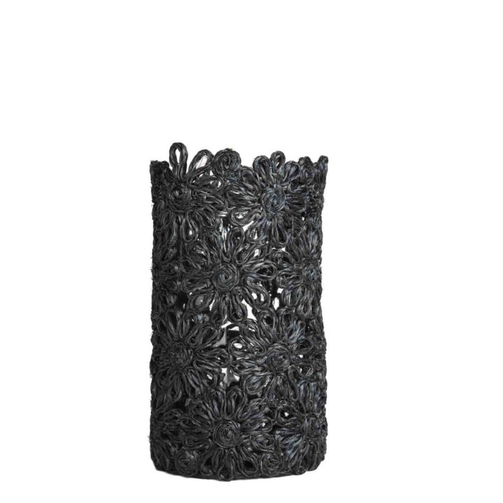 Black abaca cachepot with flower design + glass vase d.17 h 27 cms