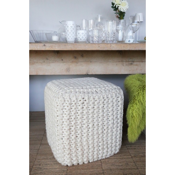 Handmade 100% wool cubical pouf colour cream 45x45 h48 cm