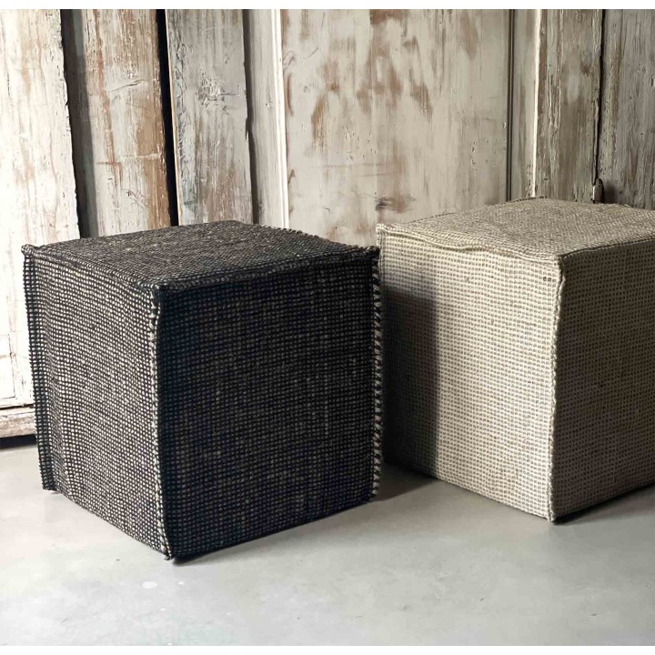Pouf cubo in juta / cotone quadretti naturale/nero 43 x 43 h45 cm