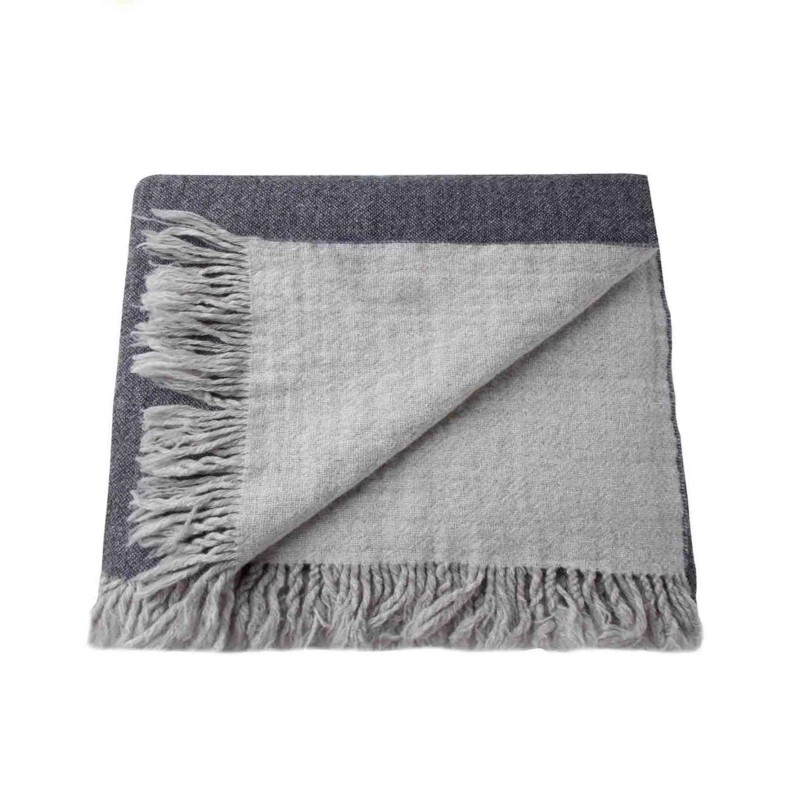 Couverture 100%denim fonce laine vierge avec franges280g/m2 130 x 180 cm