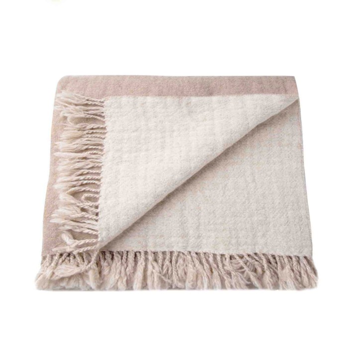 Couverture marron/creme laine vierge et franges 130 x 180 cm