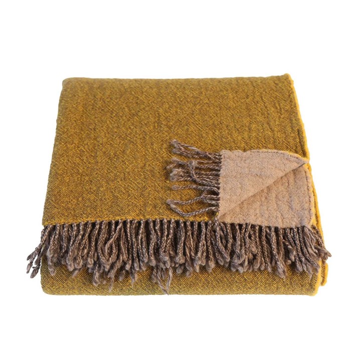 Coperta 100%lana verg. frange senape/nocciola 130 x 180 cm